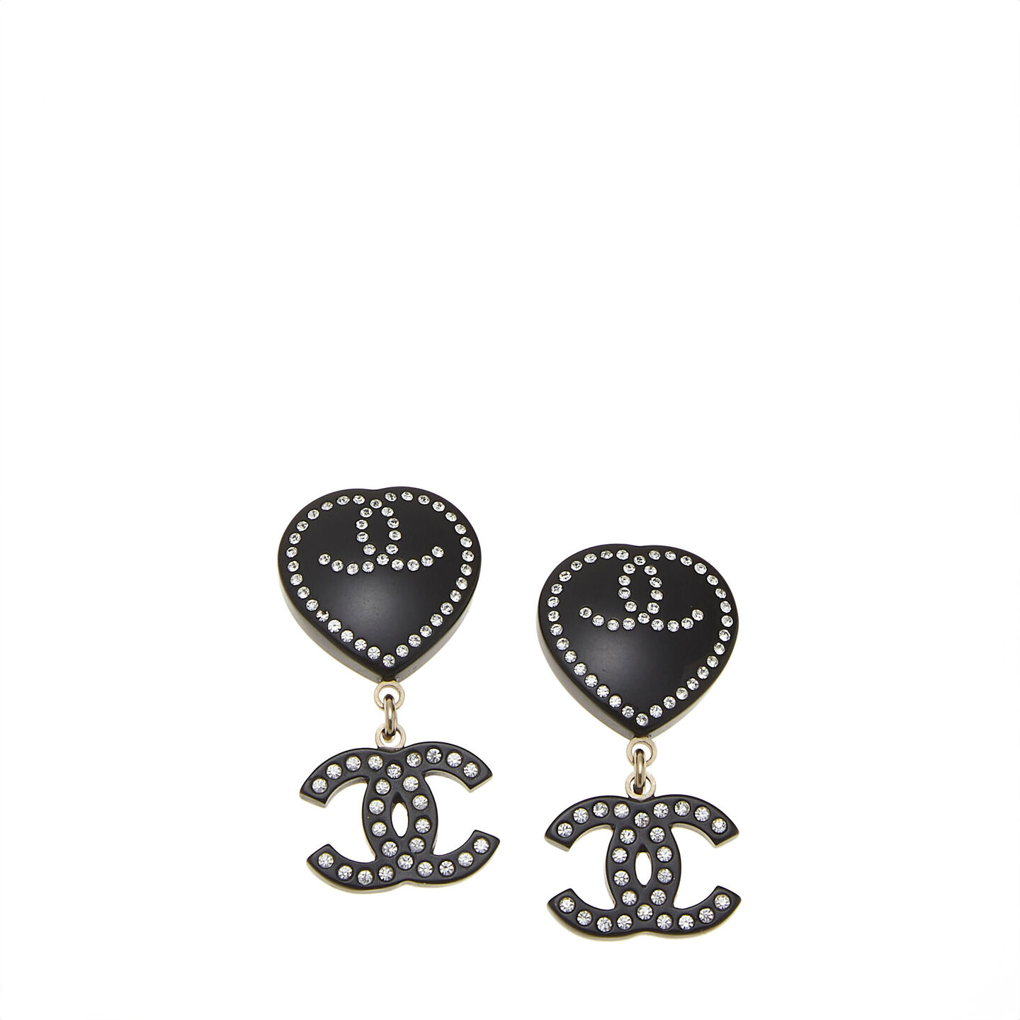 chanel black acrylic & crystal 'cc' heart earrings